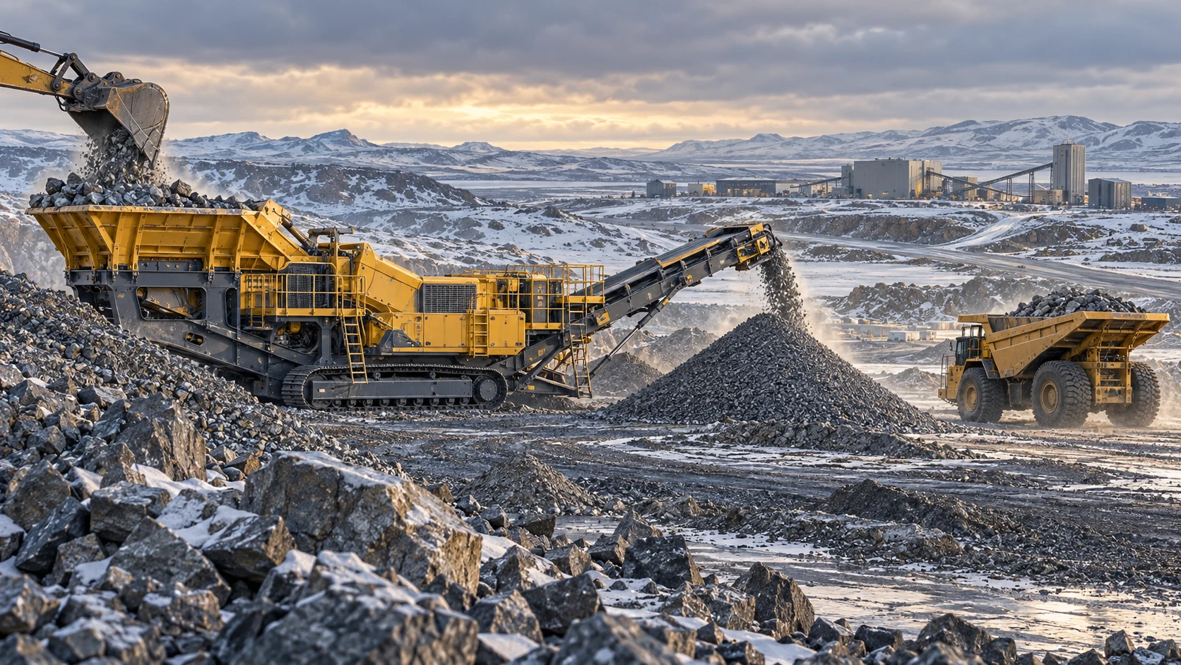 AI-generated illustration of a mobile ore crusher and conveyor on rocky Arctic tundra.