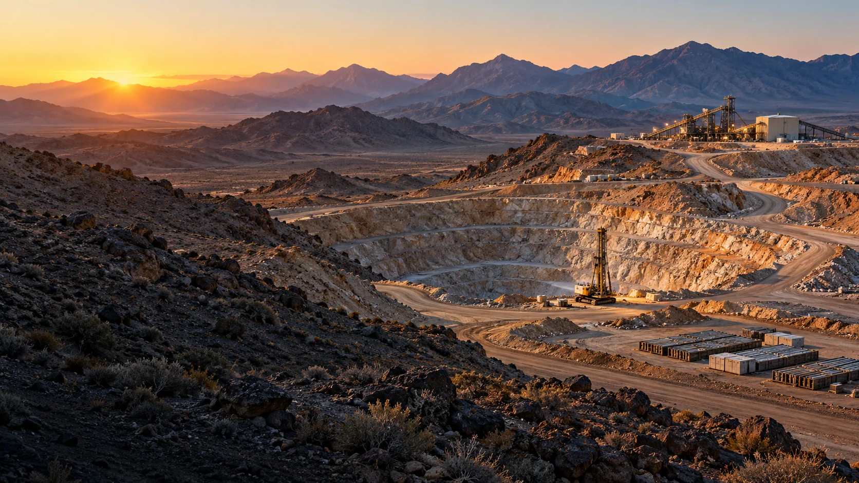 Generic desert open-pit mine with drill rig and processing facility at dawn