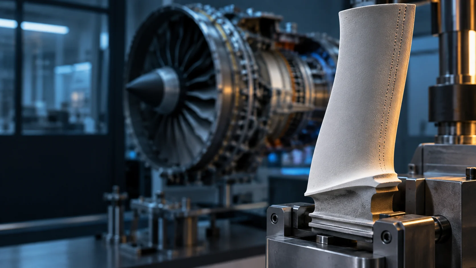 Ceramic-coated turbine blade in an aerospace materials laboratory with a jet engine in the background.